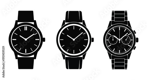 A collection of three distinct wristwatches in black showcasing varied styles and designs all in silhouette high quality professional detailed modern