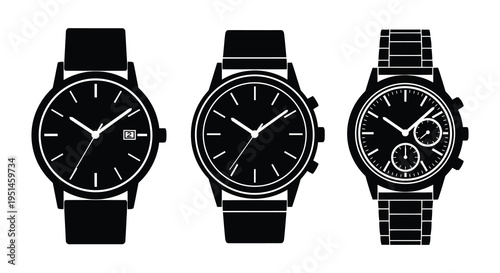 A collection of three stylish wristwatches displayed in a stark black silhouette high quality professional detailed modern elegant clean crisp vibrant