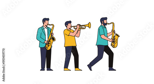 Flat illustration of three musicians playing saxophone, trumpet, and saxophone in a line with a simple white background.