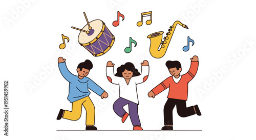 Illustration of three dancing people with musical instruments and notes on a white background with a lively mood.