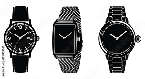 A collection of three different wristwatches displayed in a stark black and white graphic representation silhouette high quality professional detailed