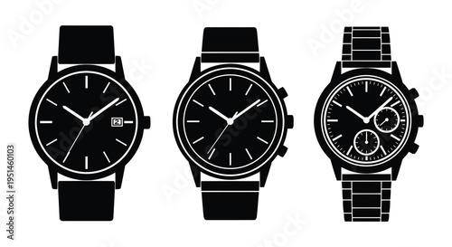 A collection of three distinct wristwatches displayed against a white background presented as a silhouette high quality professional detailed modern elegant