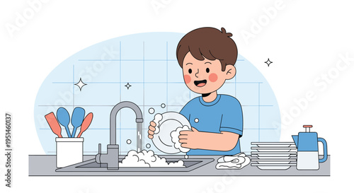 Young boy smiling while washing dishes in a kitchen sink with soapy bubbles and clean plates nearby on the counter.