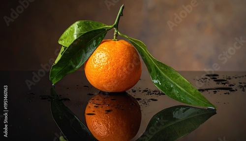 Fresh tangerine with leaves reflecting on glossy black surface creating dramatic still life food photography for healthy eating themes