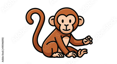A cartoon monkey sitting on a plain white background with its tail curled up and one hand extended.