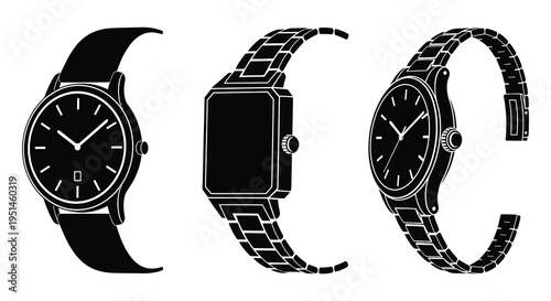 A graphic depiction of three wristwatches in varying styles presented as a striking black silhouette high quality professional detailed modern elegant