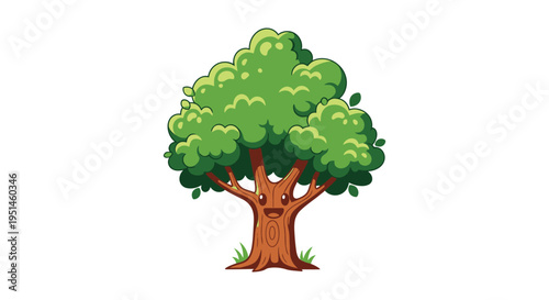 A charming cartoon tree with a smiling face and lush green foliage stands prominently against a white background silhouette high quality