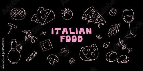 Italian cuisine hand drawn elements with pizza slice, cheese, wine glass and pasta. Outline food illustrations collection for cafe menu, restaurant decor and cooking design