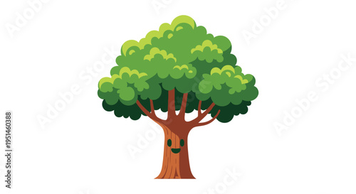 A vibrant green tree with a cheerful face and brown trunk is depicted against a white background silhouette high quality professional