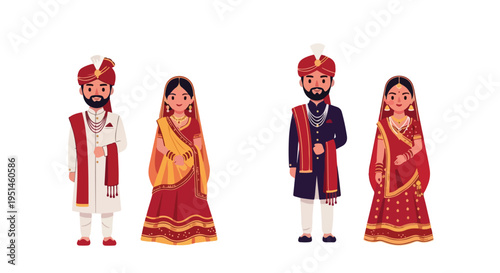 Illustration of four cartoon-style Indian couples in traditional attire standing against a white background with vibrant red and gold details.