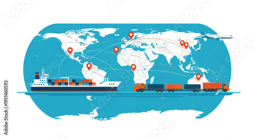 Global logistics and supply chain concept showing international shipping routes with vessel truck and plane on world map.