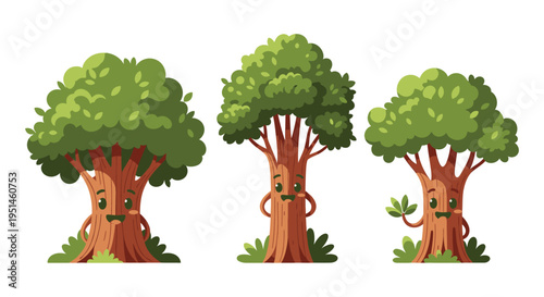 Cartoon trees with smiling faces and arms presented in a playful and colorful illustration style silhouette high quality professional detailed