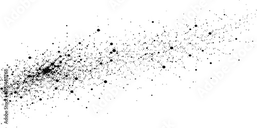 A minimalist abstract composition featuring a diagonal cluster of black ink dots on white space