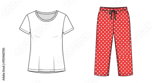 A flat lay of a white t shirt and red polka dot pajama pants presented as a design sketch silhouette high quality