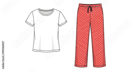 A flat lay illustration depicting a white t shirt and red polka dot pajamas presented as a garment silhouette high quality professional