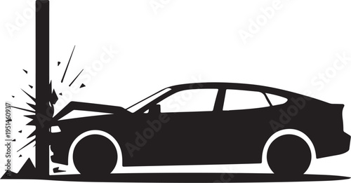 Black car crashing into pole vehicle accident