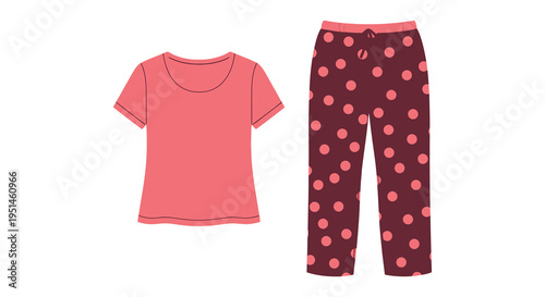 A colorful flat lay illustration of pajamas consisting of a t shirt and polka dot pants silhouette high quality professional detailed modern elegant stylish