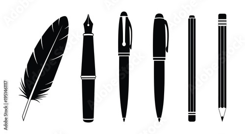 A collection of writing implements including a feather fountain pens and pencils presented in black silhouette high quality professional detailed modern
