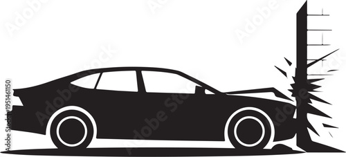 Black car crashing into telephone pole vehicle accident