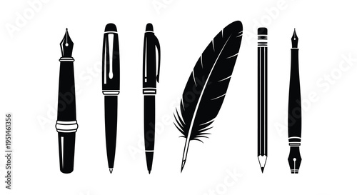 A collection of various writing instruments including pens and a feather presented in a stark silhouette high quality professional detailed modern