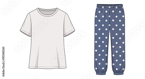 A flat lay illustration of a t shirt and pajama pants showcasing a simple clean design silhouette high quality professional detailed modern