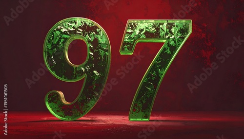 Green crystalline number 97 on a textured red surface, bathed in soft light, creating a bold, striking design