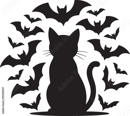Black cat silhouette surrounded by flying bats Halloween