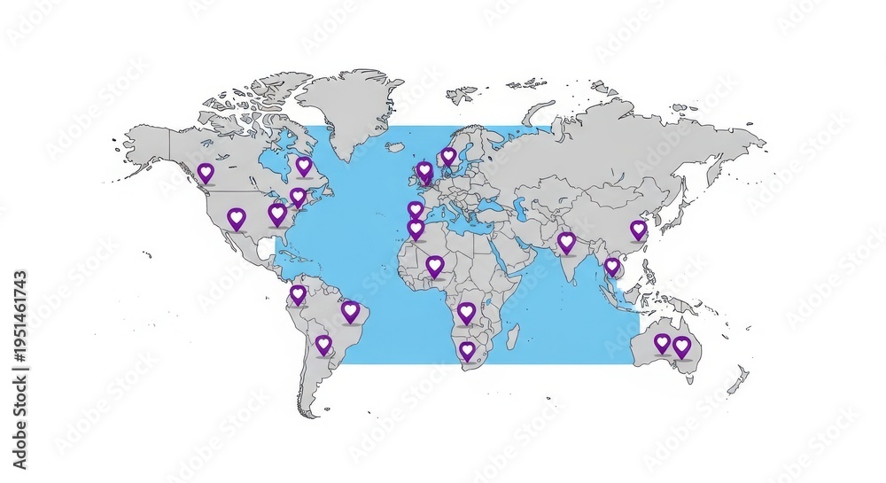 Naklejka premium A world map with multiple purple location markers on it for global navigation and connectivity globa