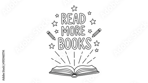 Encouraging Literary Adventure: An open book springs forth with illuminating rays, accompanied by the inscription Read More Books, pencils, and stars.