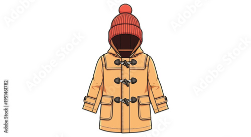 Illustration of a child s warm winter coat with a beanie depicted in a flat graphic style silhouette high quality professional detailed
