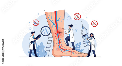 Medical team examining large human leg for varicose veins using magnifying glass and syringe for professional treatment.