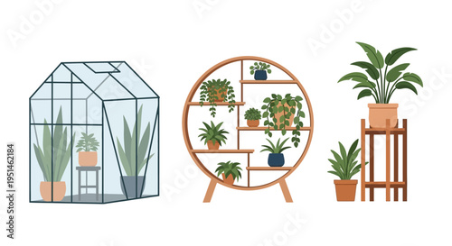 A charming indoor scene depicts a greenhouse plant stand and potted greenery with a distinct silhouette high quality professional detailed modern