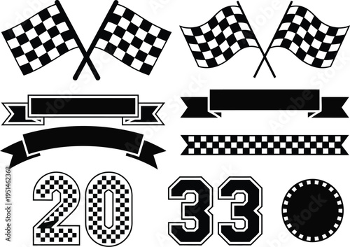 Racing symbols illustration set, detailed black and white vector featuring checkered flags banners and classic motorsport icons for racing branding and graphic design projects.
