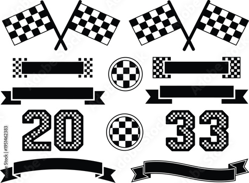 Racing symbols illustration set, comprehensive black and white collection of checkered flags banners and motorsport design elements for automotive and speed-themed graphics.
