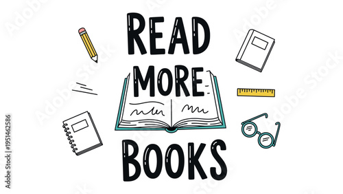 Reading Journey: A whimsical graphic illustrating the encouragement to expand knowledge through books, inviting readers to delve into worlds of words and stories.