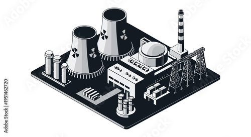 Isometric illustration of an industrial complex with cooling towers and buildings presented as a dark silhouette high quality professional detailed modern