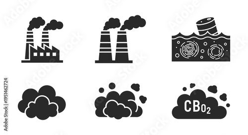 Industrial pollution icons depict factories waves clouds and debris in a stark black silhouette high quality professional detailed modern elegant stylish
