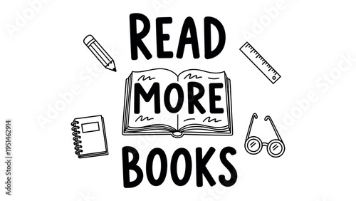 Read More Books:  An open book with bold letters and accompanying drawing, encourages learning and the joy of stories. 