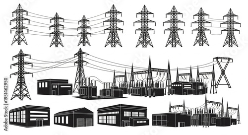 Power Grid Infrastructure - High-Voltage Transmission Towers and Substations.