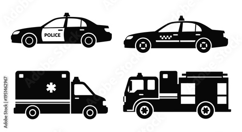 A collection of emergency vehicles including a police car taxi ambulance and fire truck in silhouette high quality professional detailed modern