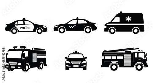 A collection of emergency vehicles including police cars taxis and fire trucks depicted in black silhouette high quality professional detailed modern