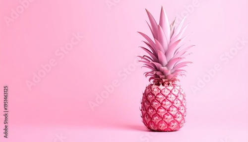 Single pink pineapple with crown leaves on matching pink background studio shot for vibrant tropical food concept and design element
