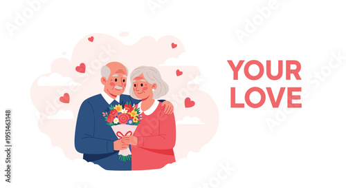Happy elderly couple embracing while holding a colorful bouquet of flowers surrounded by red hearts and white clouds.