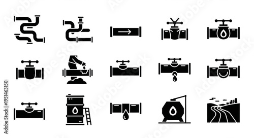 Oil and Gas Pipeline System Icons - Valves, Pipes, and Infrastructure.