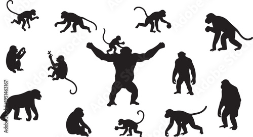 Primate and Monkey Action Silhouette Vector Set