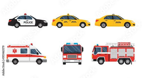 A colorful illustration depicts various emergency and service vehicles in a flat graphic style silhouette high quality professional detailed modern elegant