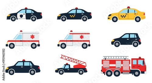 Colorful cartoon depictions of various emergency and public service vehicles including taxis ambulances and fire trucks silhouette high quality professional detailed