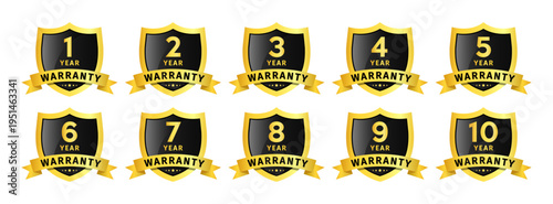 1 to 10 year warranty badge shield set premium guarantee label collection for product quality assurance protection vector illustration.