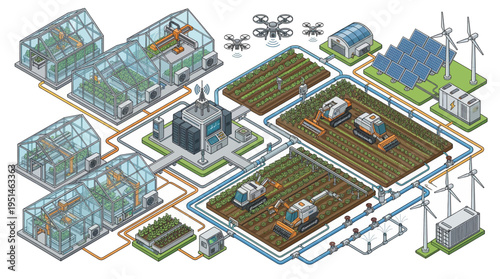 Sustainable farm with greenhouses and renewable energy sources.