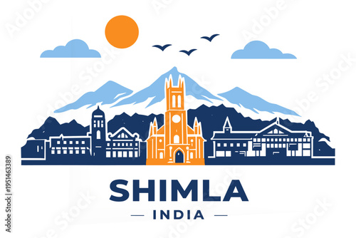Shimla Skyline Flat Vector Christ Church India Travel Landmark Himalayan City Illustration